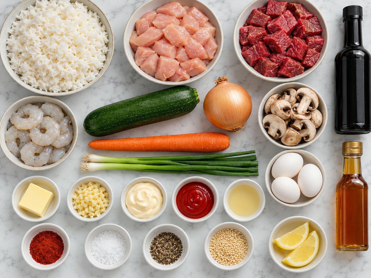 Ingredients for homemade hibachi with rice, proteins, vegetables, and sauce