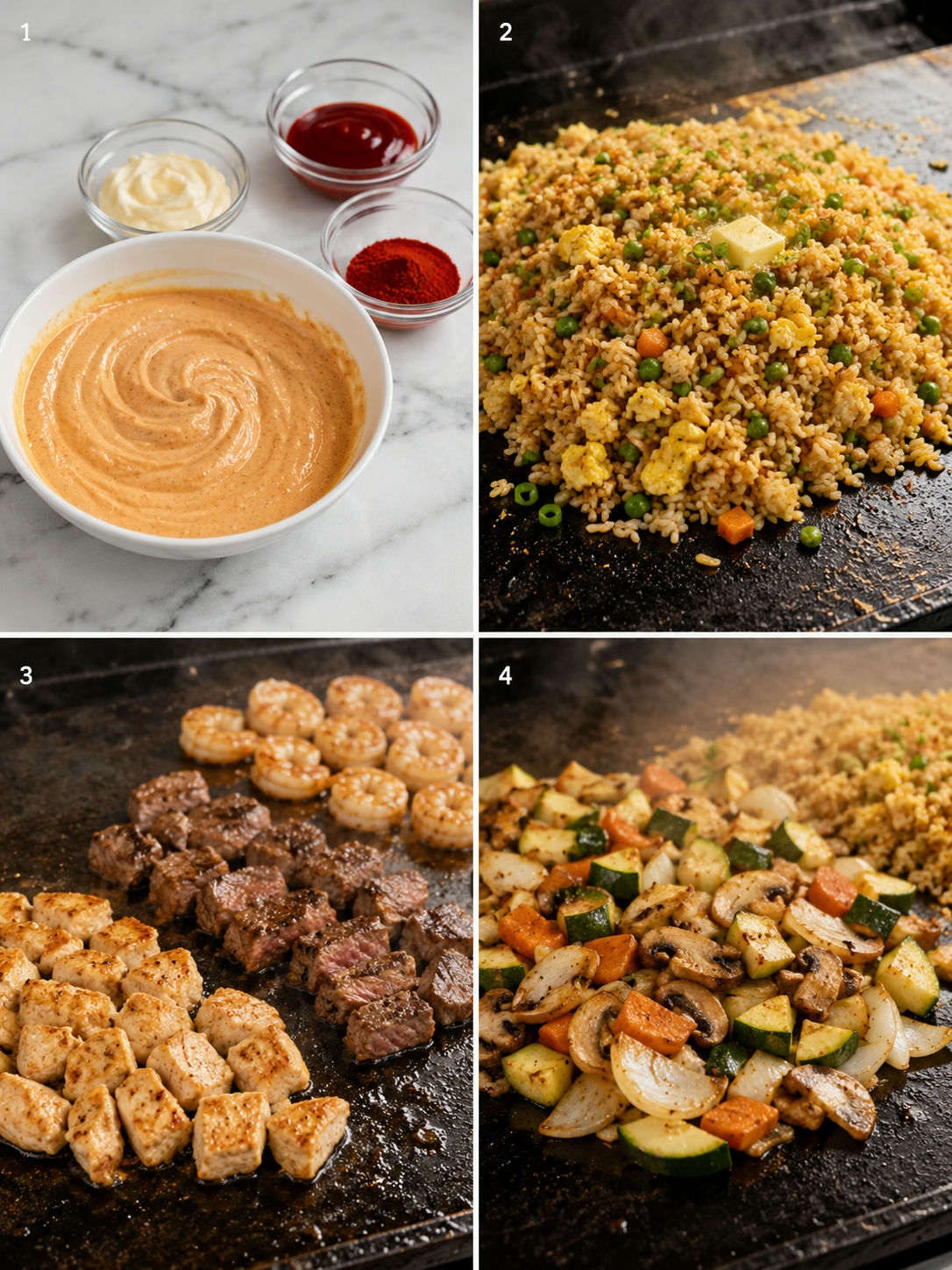 Four steps for making hibachi with sauce, rice, proteins, and vegetables