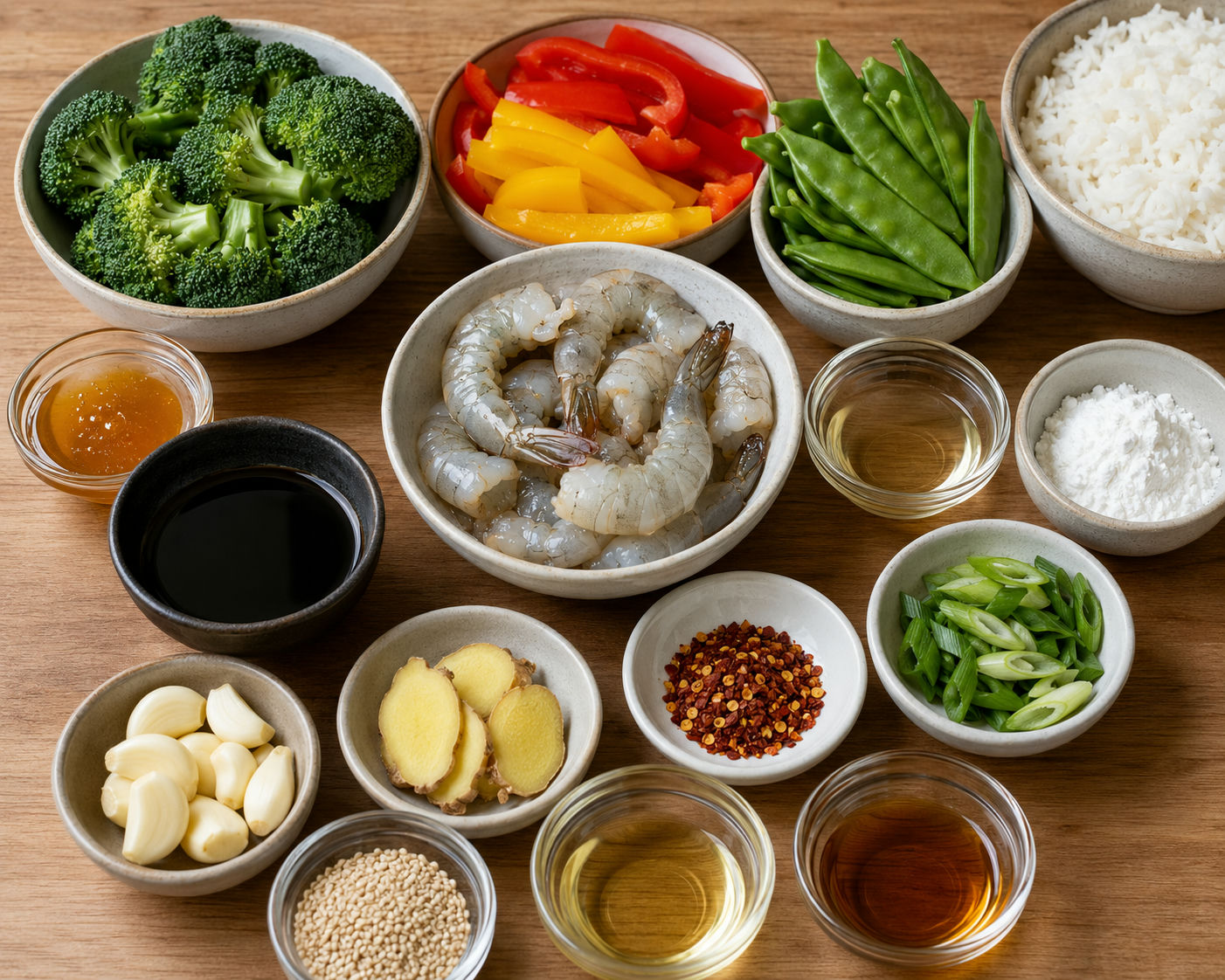 Raw honey garlic shrimp stirfry ingredients with vegetables and sauce items