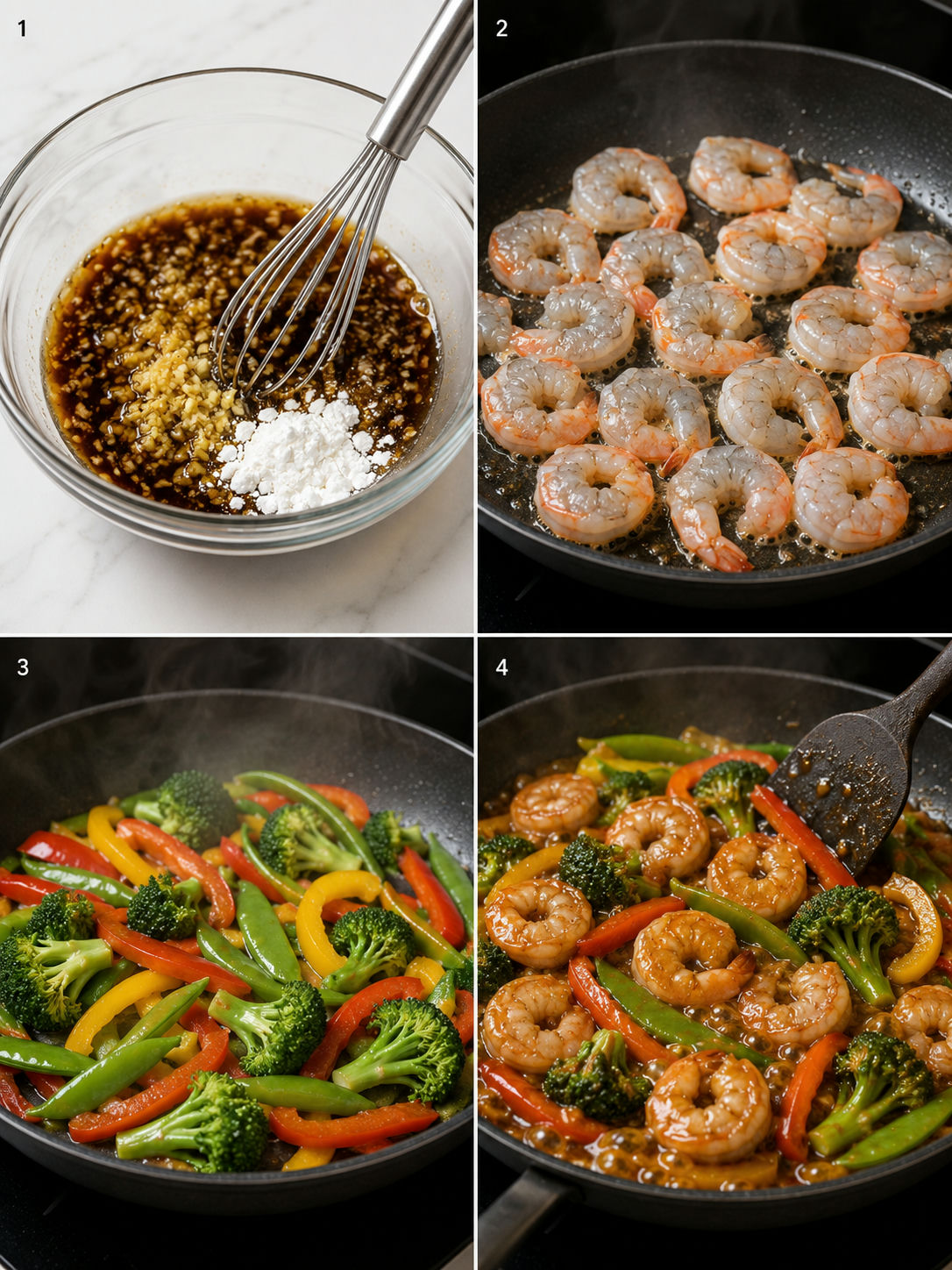 Four cooking steps for honey garlic shrimp stirfry from sauce to tossing