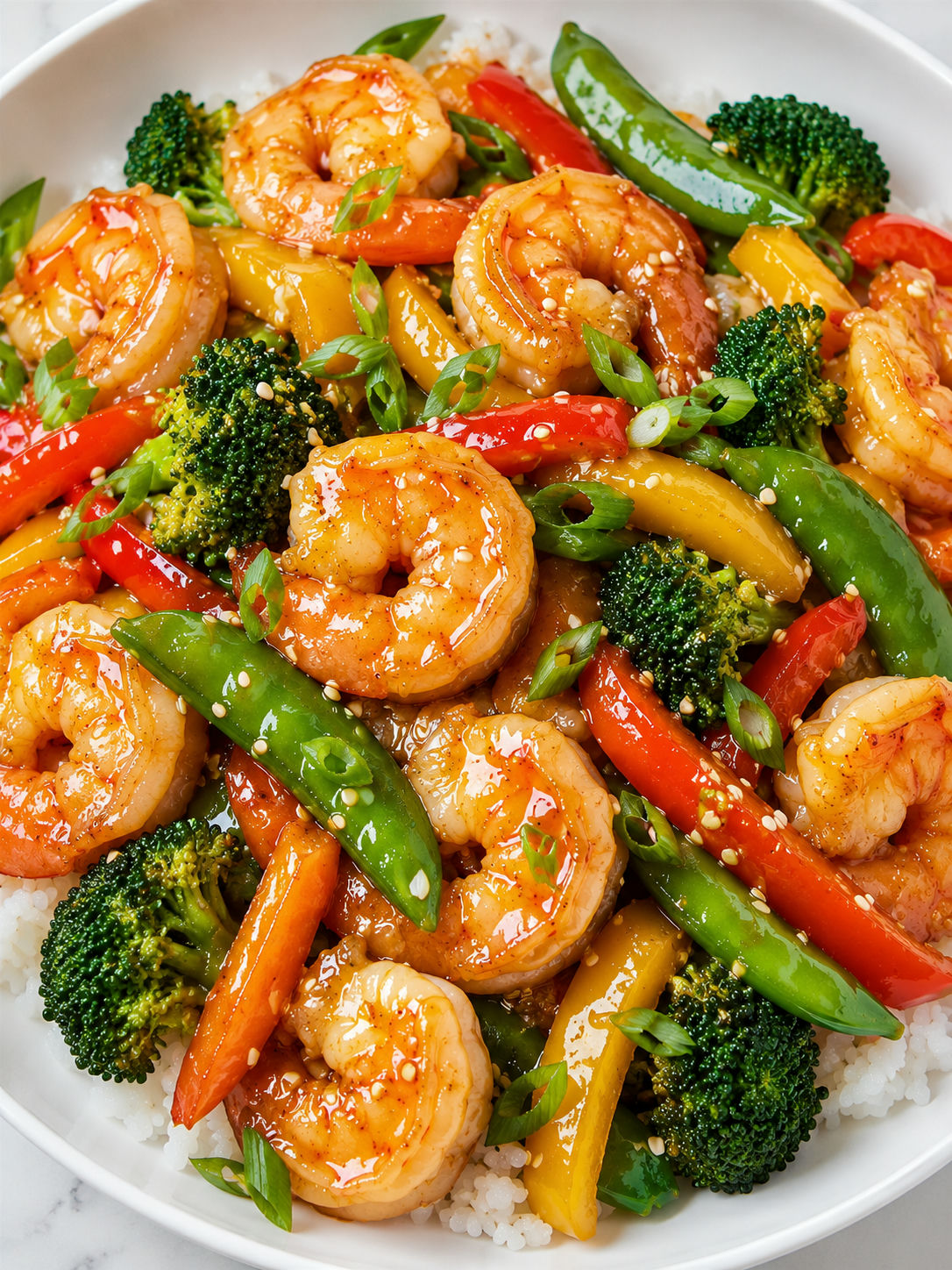 Honey garlic shrimp stirfry over rice with broccoli, peppers, and sesame