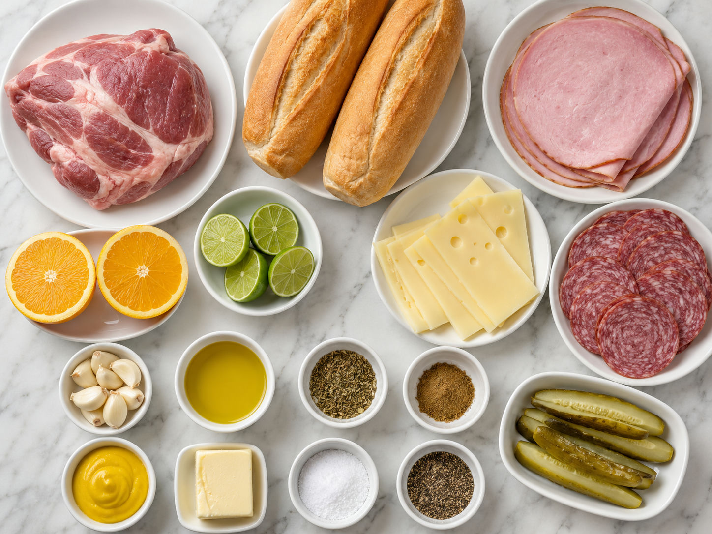 Ingredients for a loaded Cuban sandwich with pork, ham, Swiss, and pickles