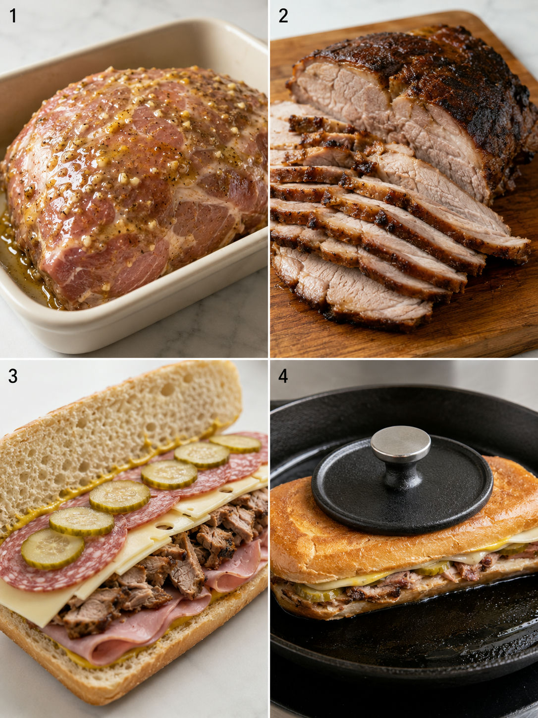 Four steps for making a loaded Cuban sandwich from pork to pressing