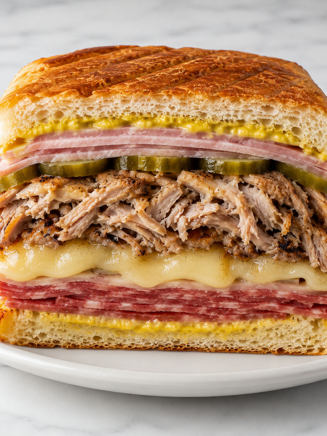 Huge loaded Cuban sandwich with crisp bread and melted Swiss cheese