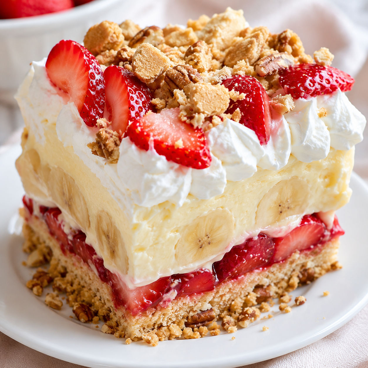Half Banana Pudding Half Strawberry Shortcake with whipped cream and strawberries