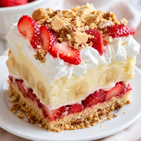 Half Banana Pudding Half Strawberry Shortcake with whipped cream and strawberries