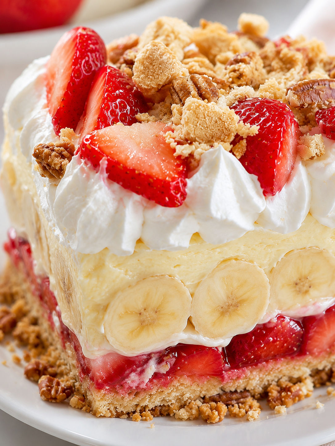 Half Banana Pudding Half Strawberry Shortcake, plated and served