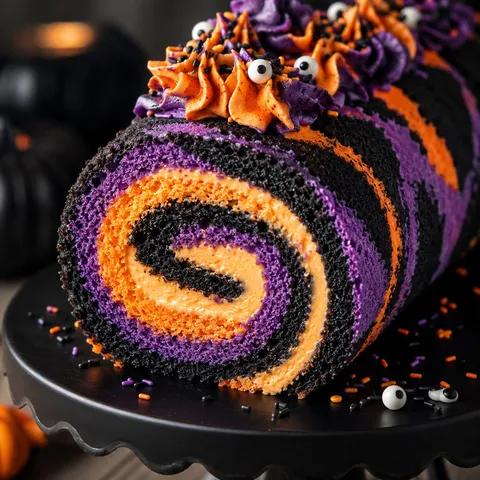 Halloween Cake Roll with orange filling and striped sponge slices