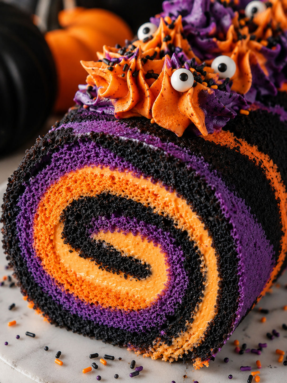 Halloween Cake Roll, plated and served