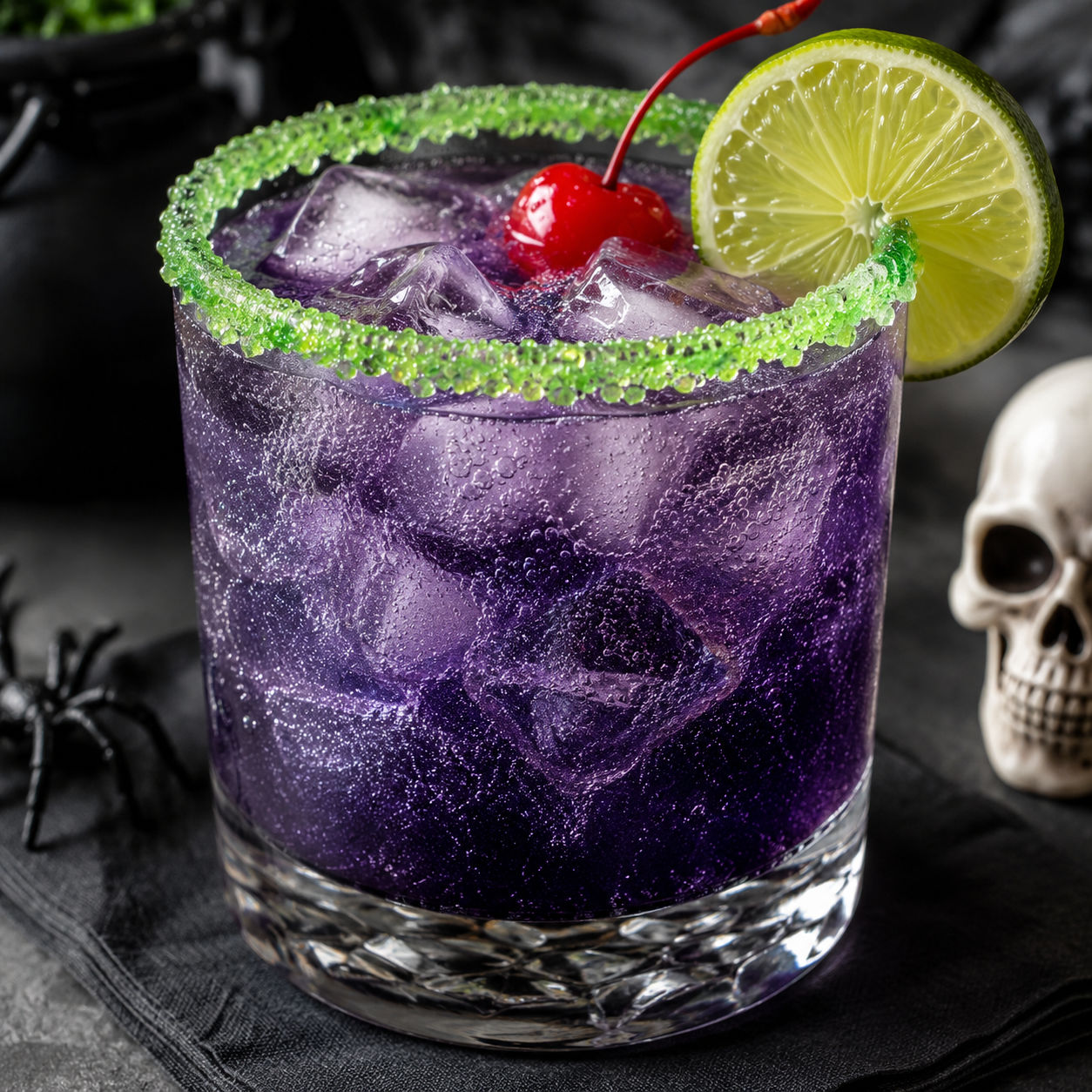 Purple Drunk Witch cocktail with green sugar rim, cherry, and lime