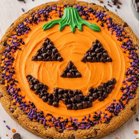 Halloween cookie cake with orange frosting, candy eyes, and sprinkles