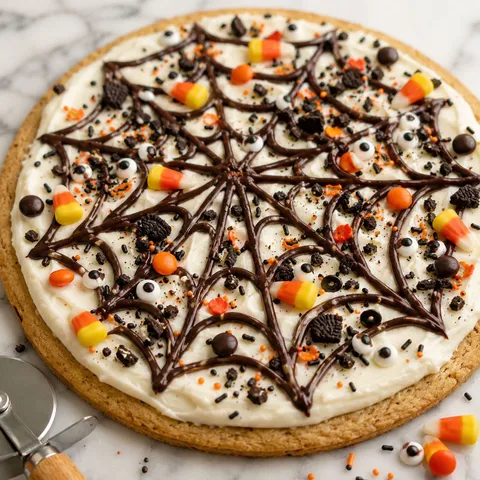Halloween dessert pizza with chocolate web, candy corn, and sprinkles