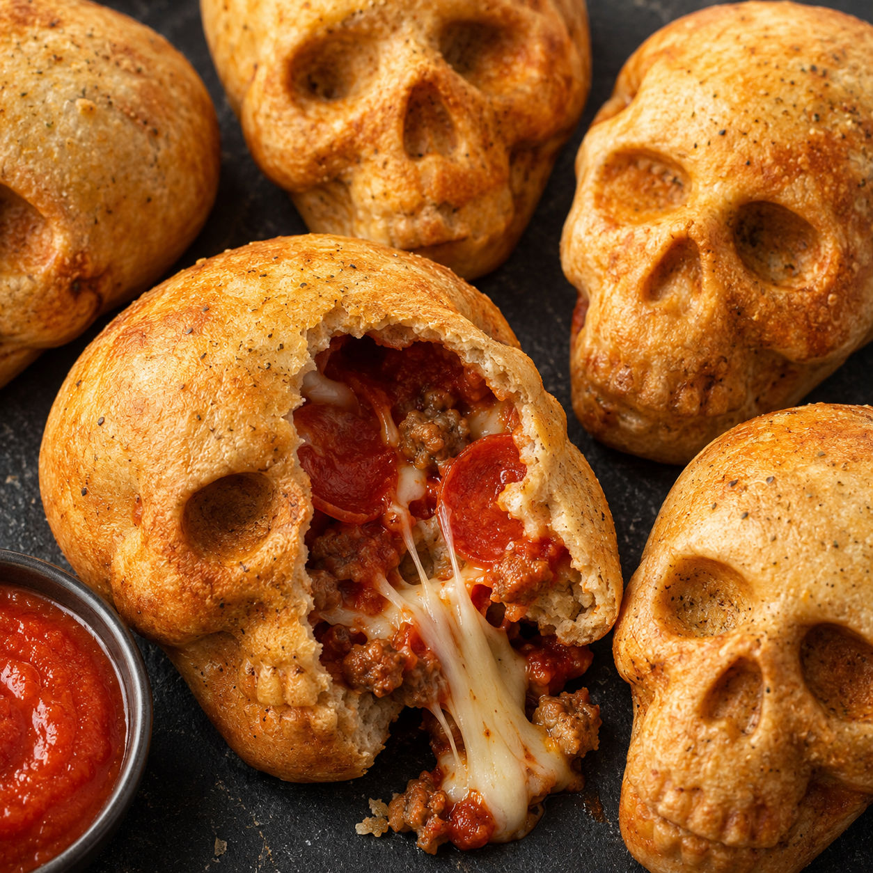 Halloween pizza skulls with melted mozzarella and pepperoni filling