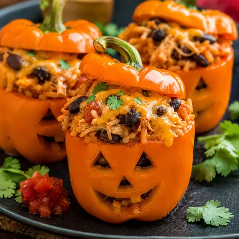 Jack-o-lantern stuffed peppers with chicken, rice, beans, and melted cheese