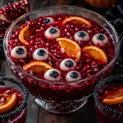Halloween pomegranate punch with orange slices and lychee eyeballs