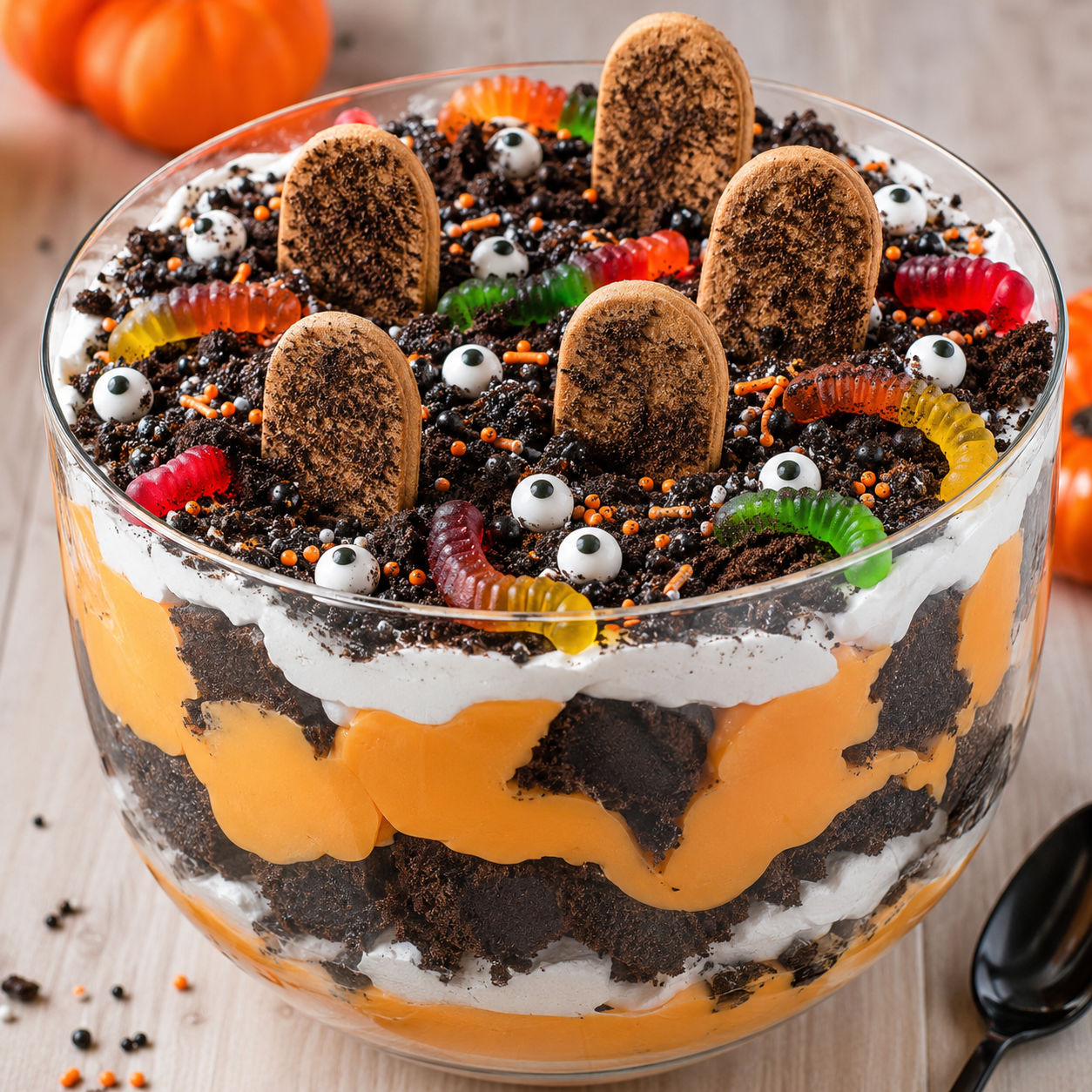 Halloween Trifle with orange pudding, chocolate cake, cookie dirt, and gummy worms