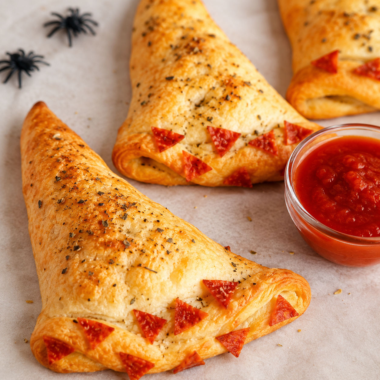 Halloween witch hat calzones with pepperoni decorations and marinara