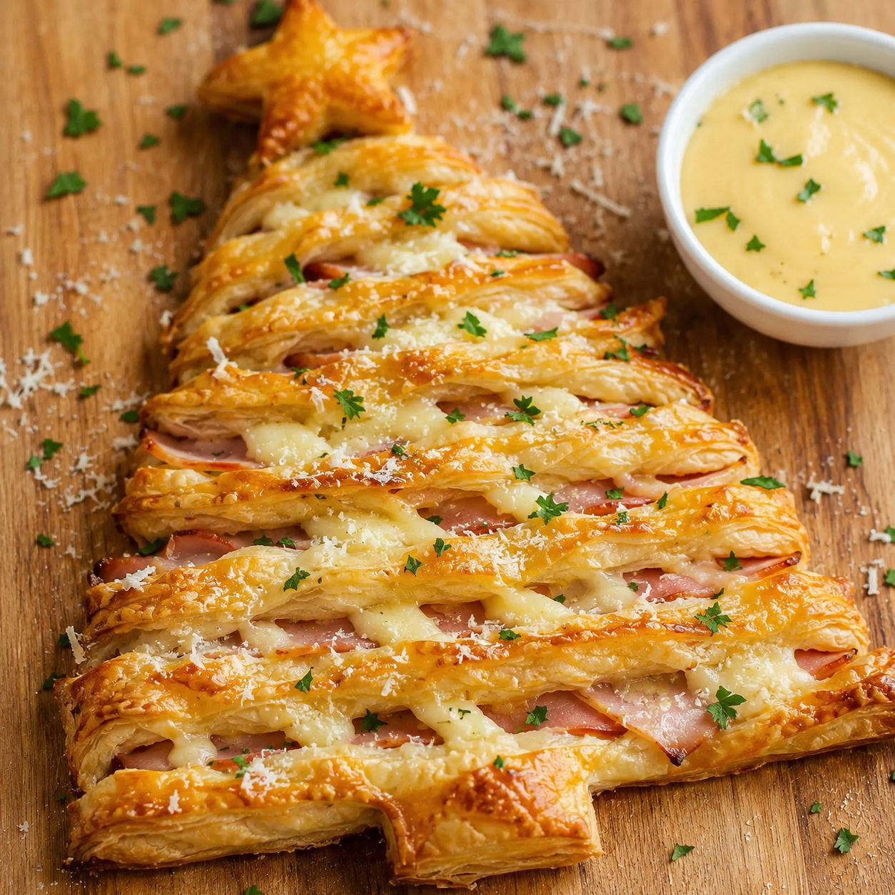 Ham and cheese Christmas tree pastry with Parmesan and warm cheese dip
