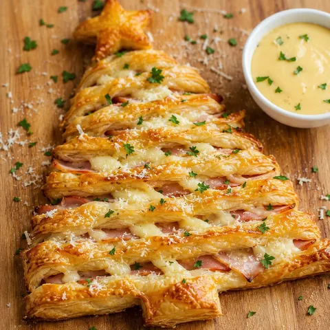 Ham and cheese Christmas tree pastry with Parmesan and warm cheese dip