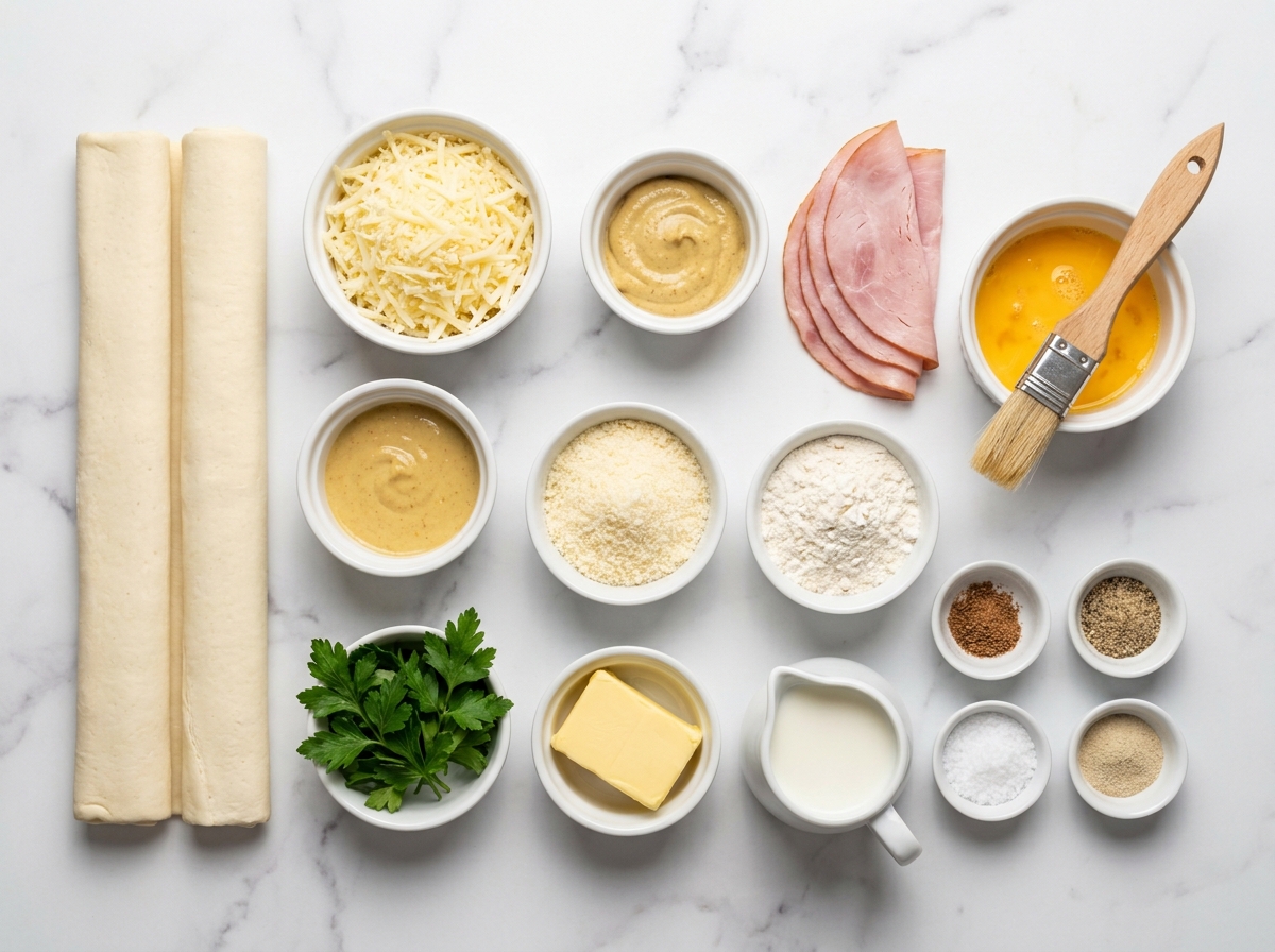 Ingredients for ham and cheese Christmas tree pastry on a wooden surface