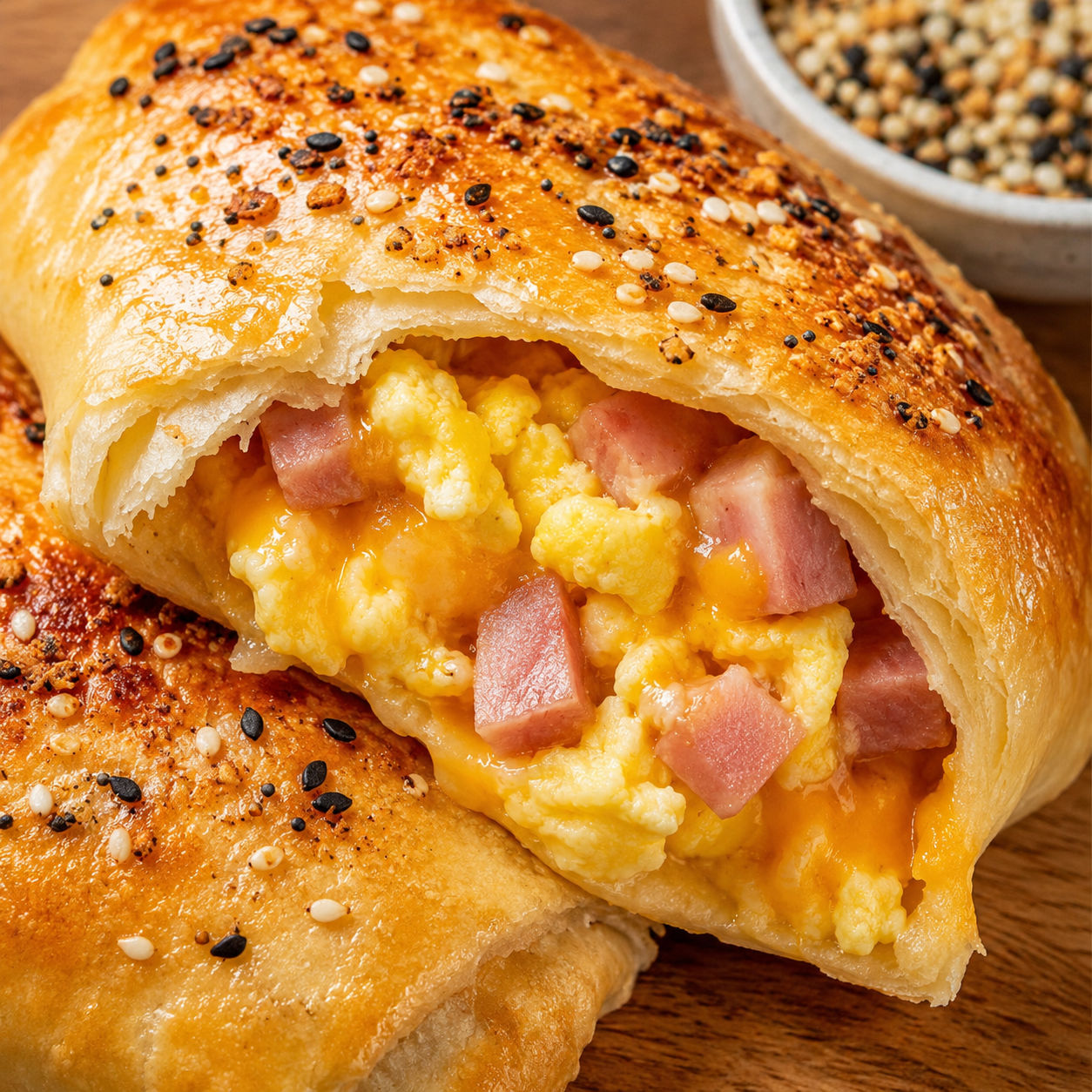 Golden baked ham egg and cheese pocket with melted cheddar and scrambled eggs