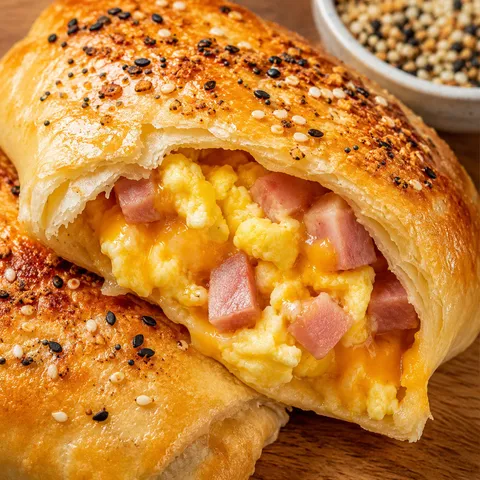 Golden baked ham egg and cheese pocket with melted cheddar and scrambled eggs
