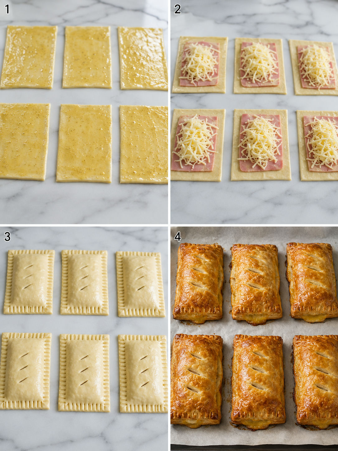 Four steps for making ham cheese puff pastry pockets