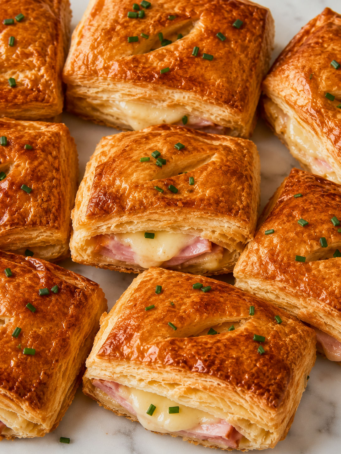 Golden ham cheese puff pastry pockets with melted cheese and chives