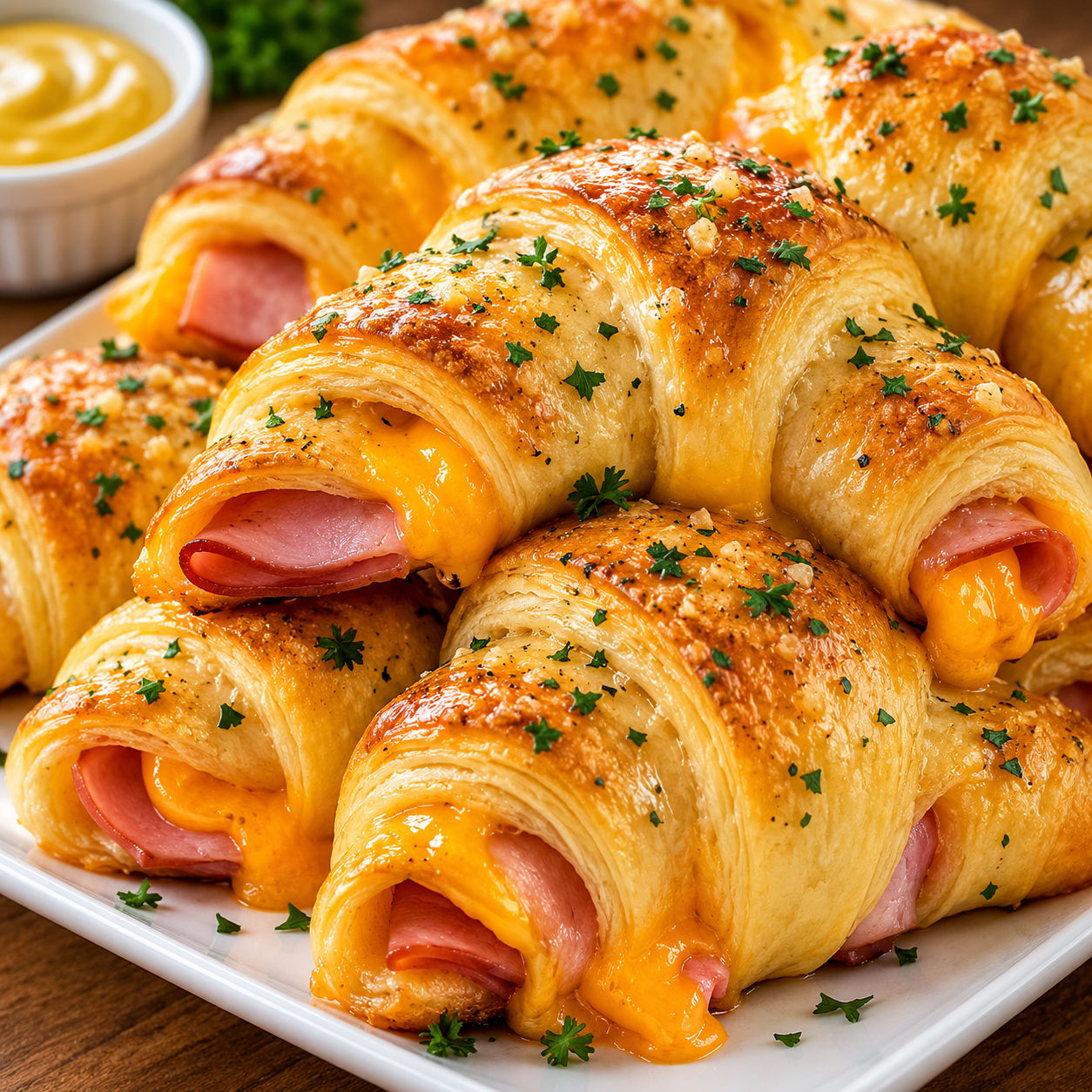 Ham and cheddar crescent roll-ups with garlic butter and parsley