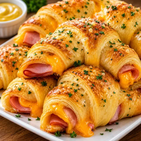 Ham and cheddar crescent roll-ups with garlic butter and parsley