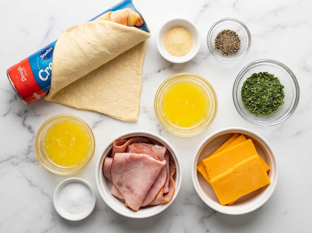 Crescent dough, ham, cheddar, butter, garlic, and parsley for roll-ups