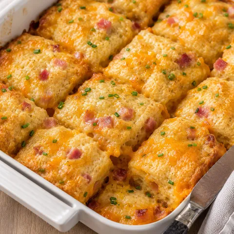 Ham and cheese butter swim biscuits with cheddar and chives in a baking dish