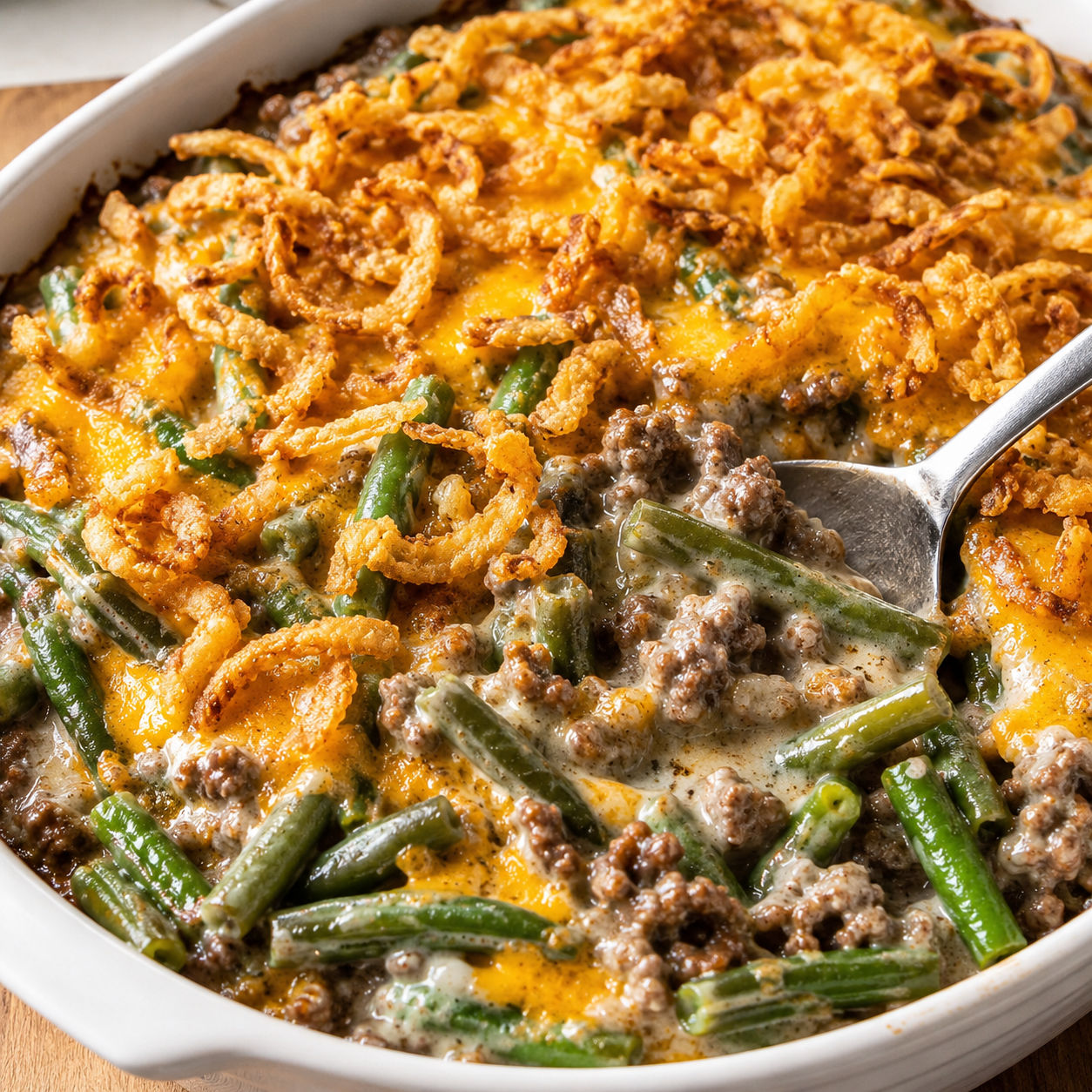 Hamburger green bean beef bake with cheddar and crispy onions