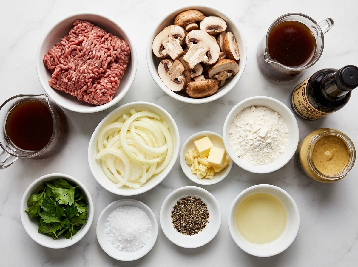 Ingredients for hamburger steak with mushrooms, onion, beef, and broth