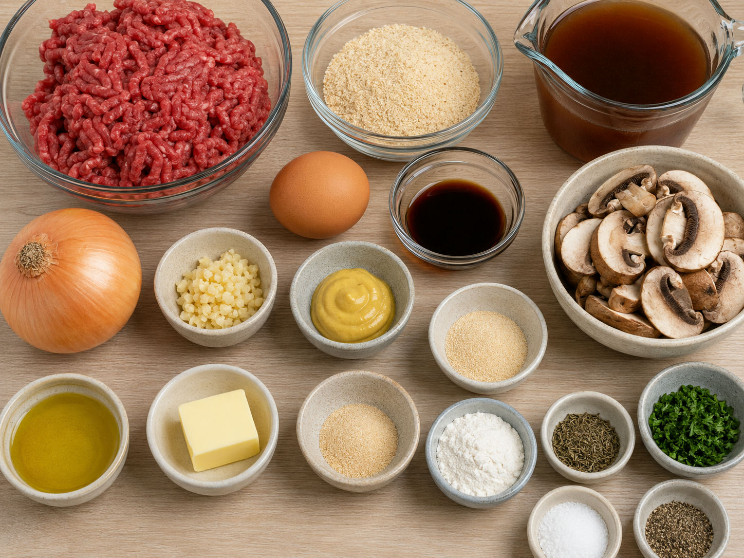 Ingredients for hamburger steak with mushroom gravy on a wood surface
