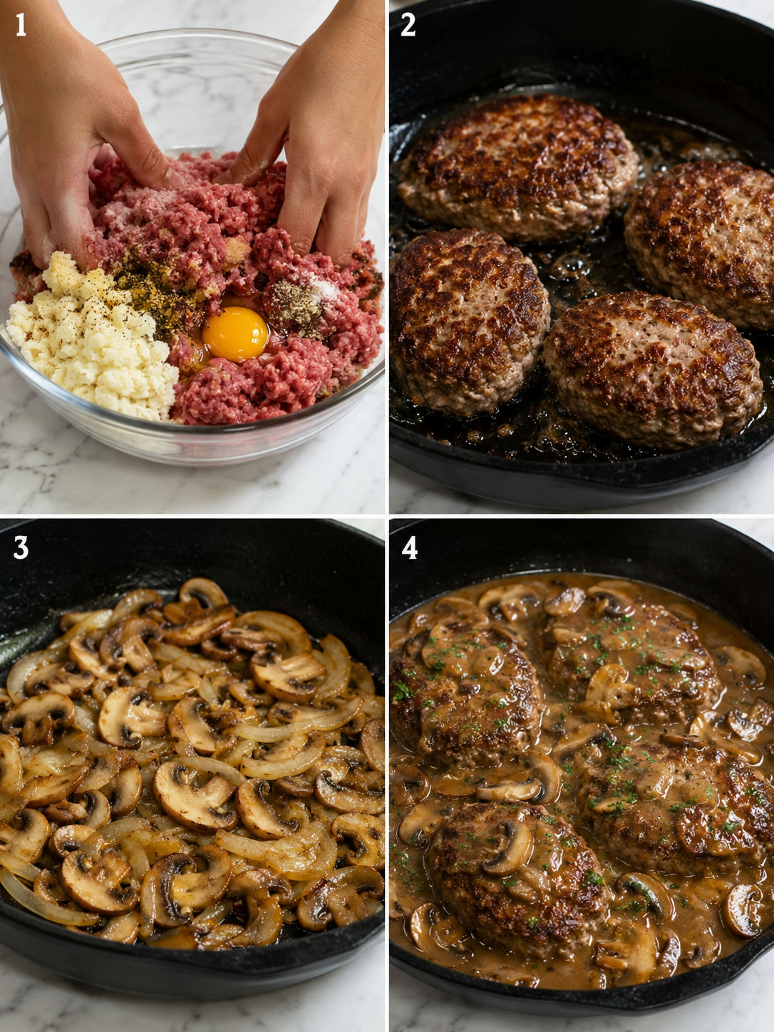 Four cooking steps for hamburger steak with mushroom gravy