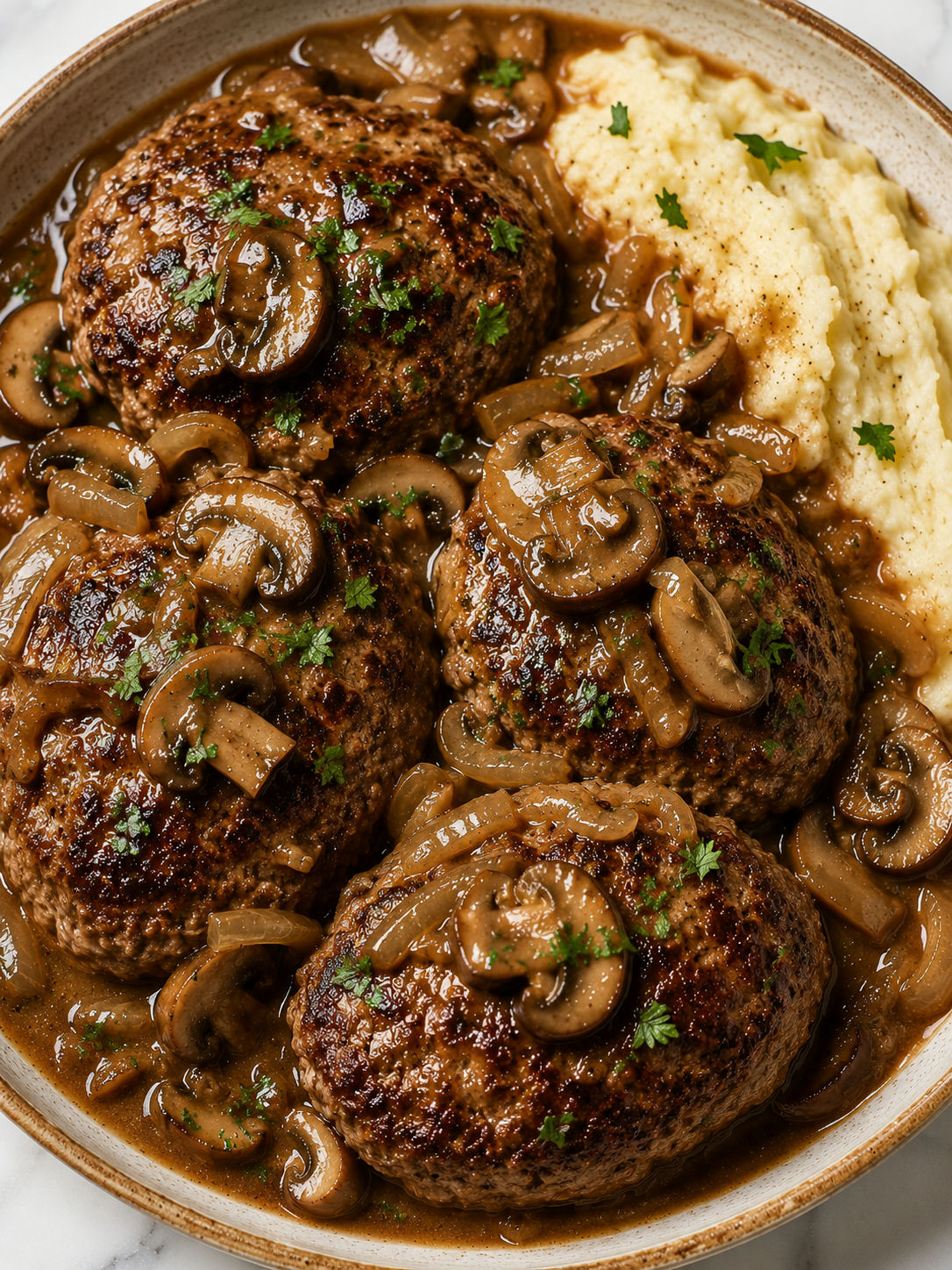 Hamburger steak with mushroom gravy over mashed potatoes and parsley