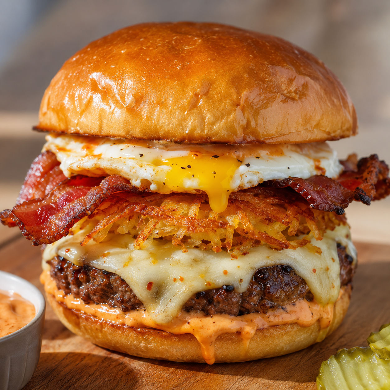 Hangover burger with bacon, fried egg, hash browns, and melted cheese