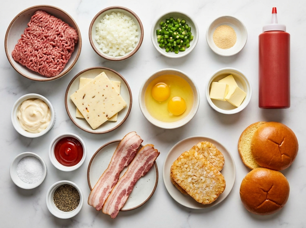 Ingredients for a bacon egg hash brown burger on a wooden counter