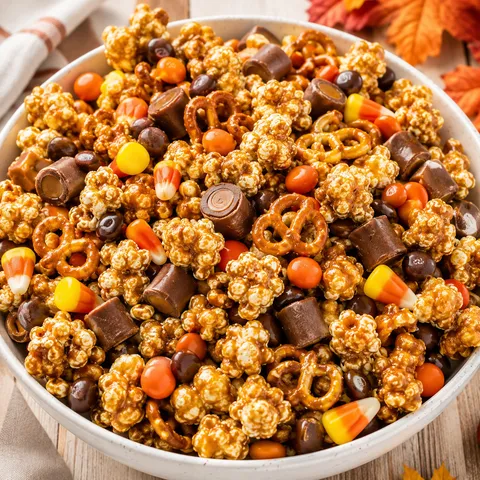 Harvest caramel corn with pretzels, candy corn, and fall chocolate candies