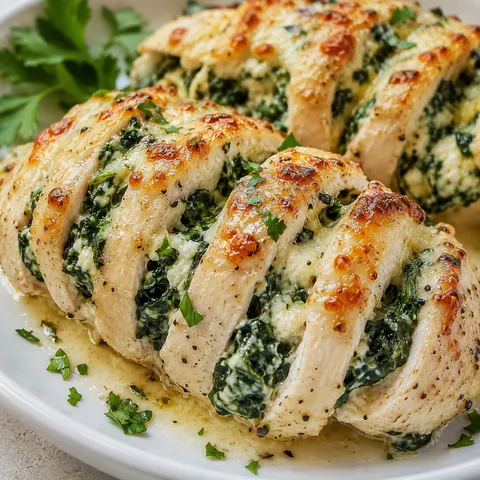 Hasselback chicken stuffed with spinach ricotta and melted cheese