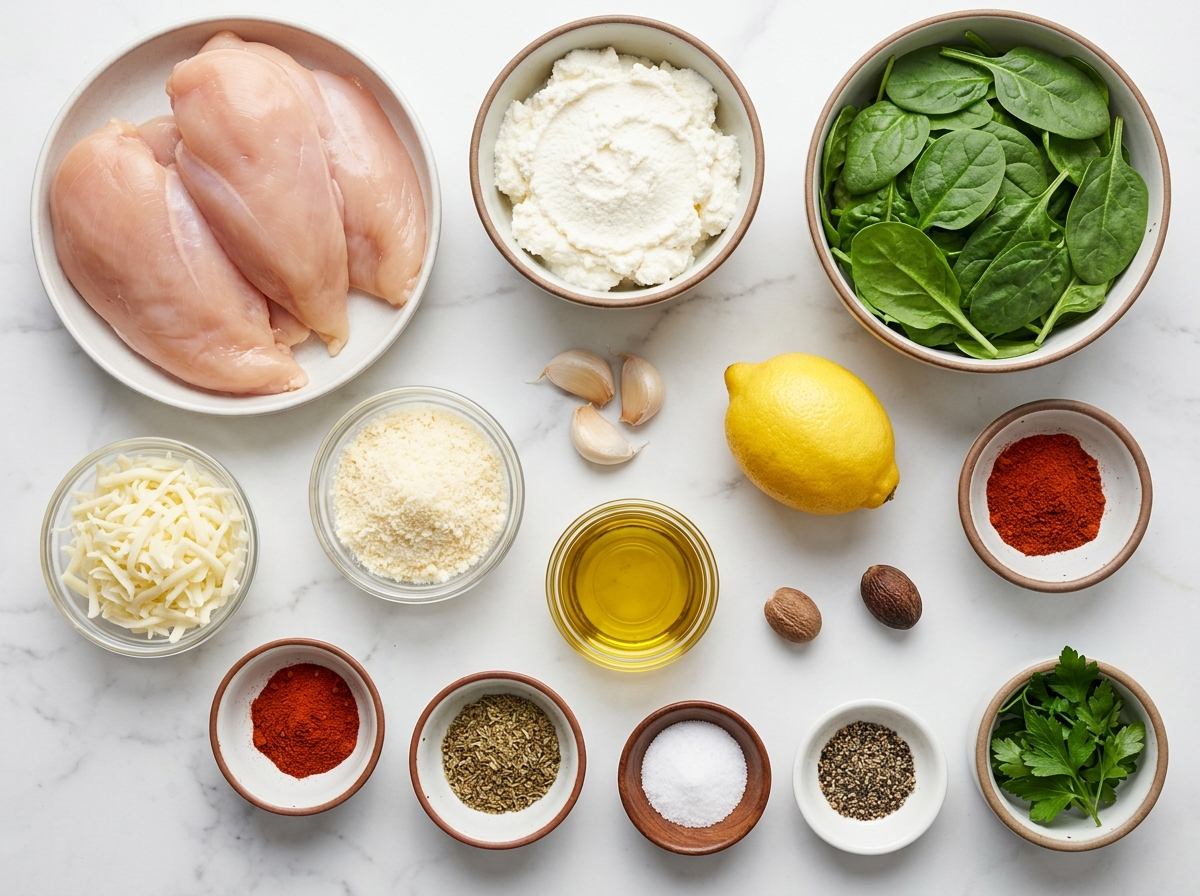 Ingredients for spinach ricotta Hasselback chicken on a stone surface