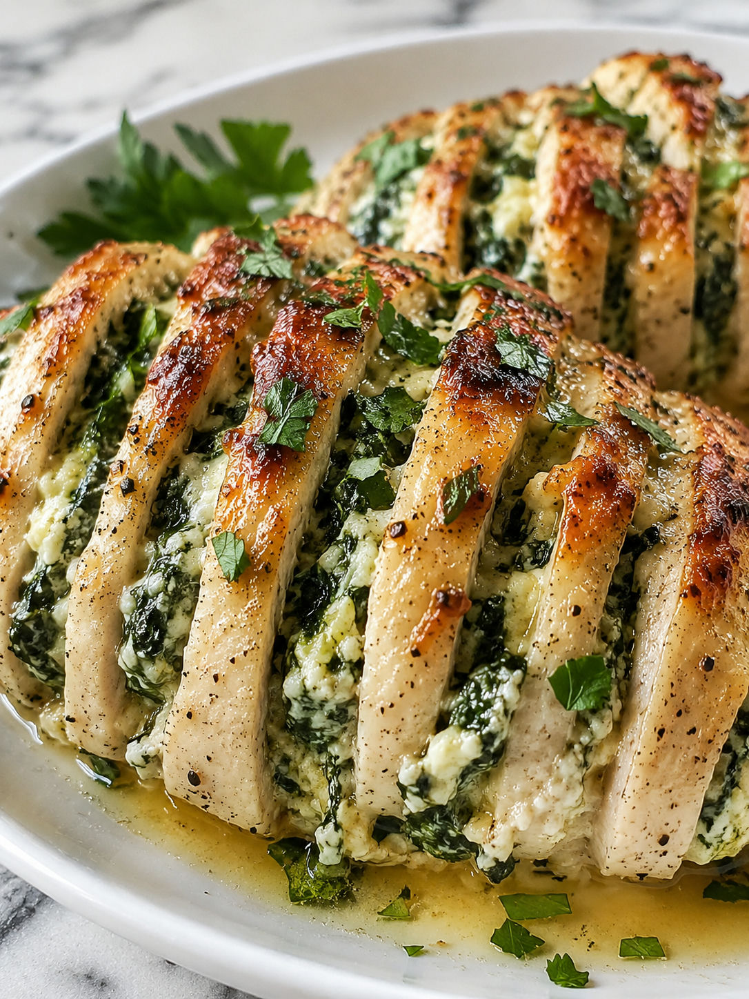 Hasselback Chicken Recipe with Spinach and Ricotta, plated and served
