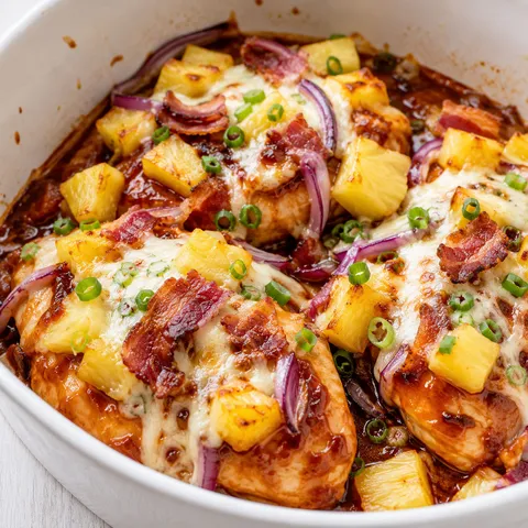 Hawaiian BBQ chicken with pineapple, bacon, melted cheese, and green onion