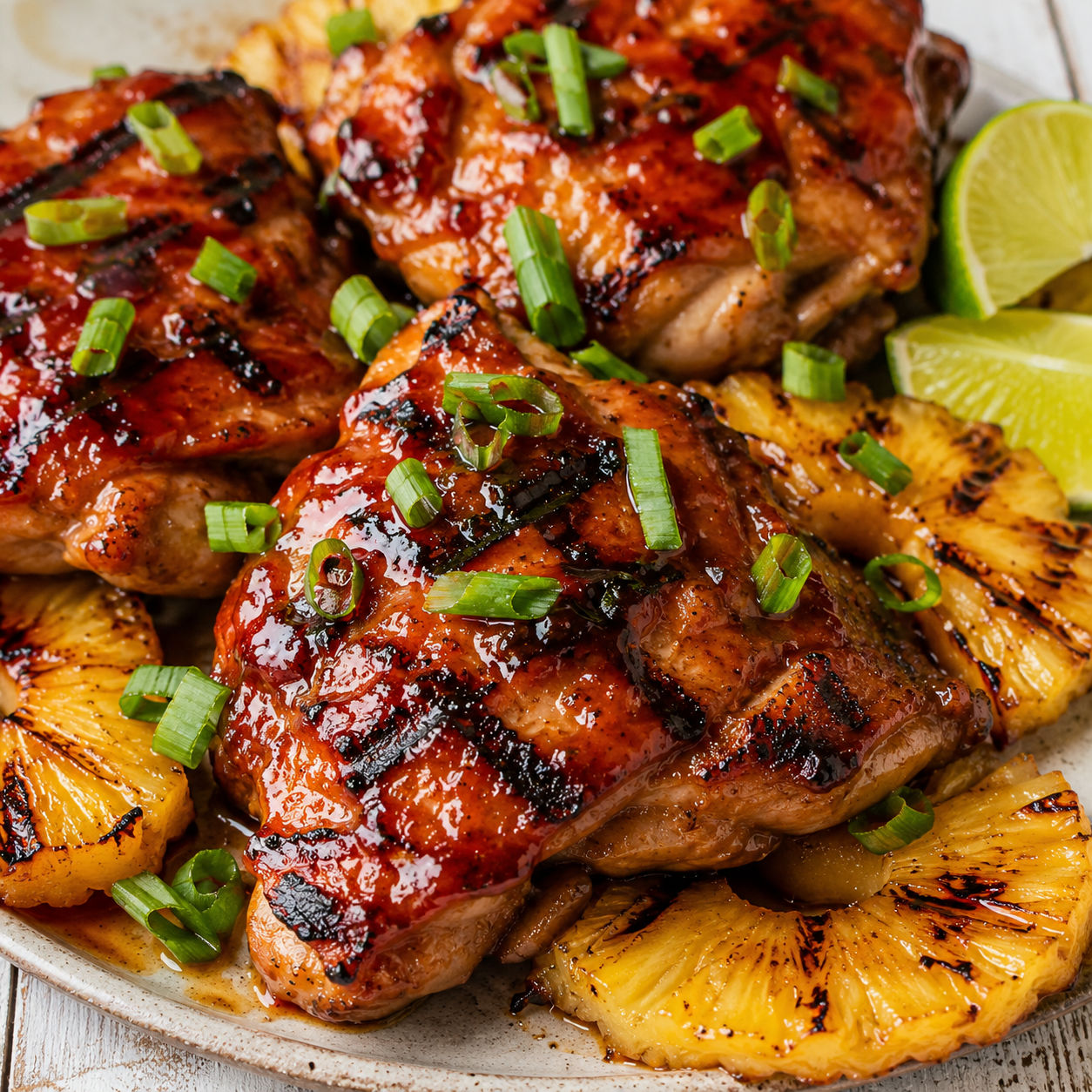 Grilled Hawaiian BBQ chicken with pineapple rings and green onions