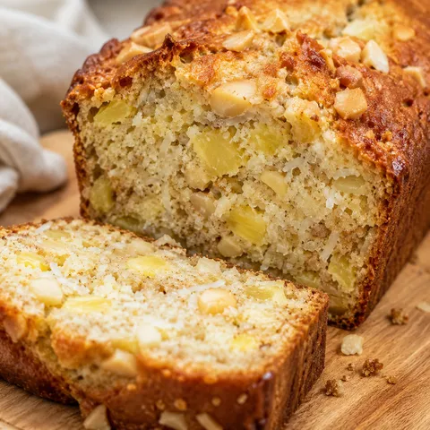 Sliced Hawaiian banana bread with pineapple, coconut, and macadamia nuts