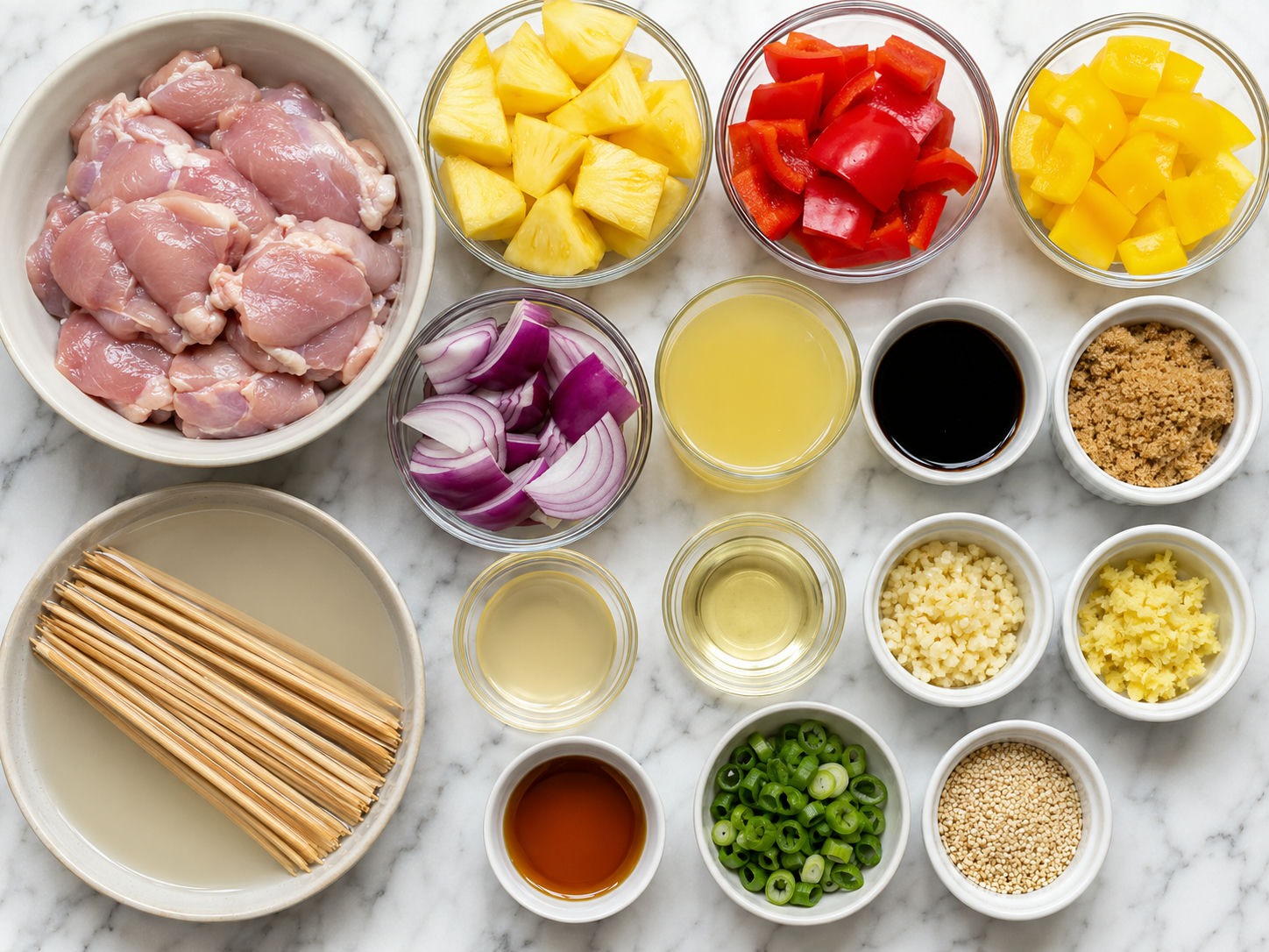 Ingredients for Hawaiian chicken kebabs with pineapple, peppers, and marinade
