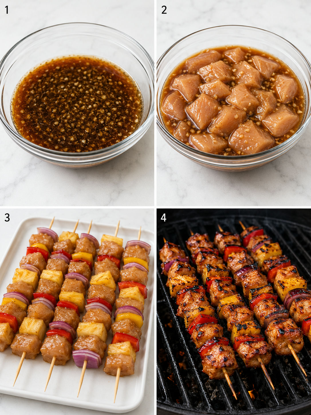 Four steps for making Hawaiian chicken kebabs from marinade to grilling