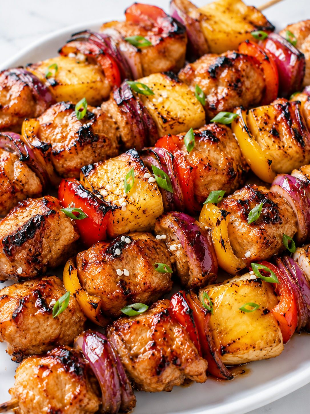 Grilled Hawaiian chicken kebabs with pineapple, peppers, and sesame garnish