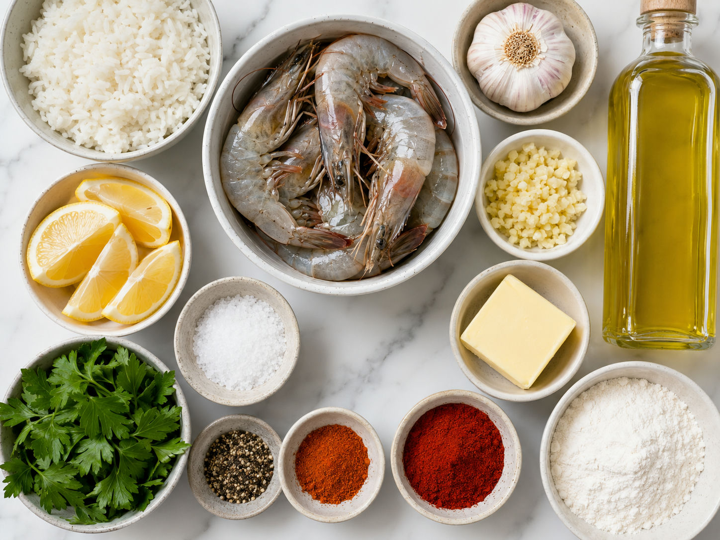 Raw shrimp, garlic, butter, rice flour, spices, rice, lemon, and parsley